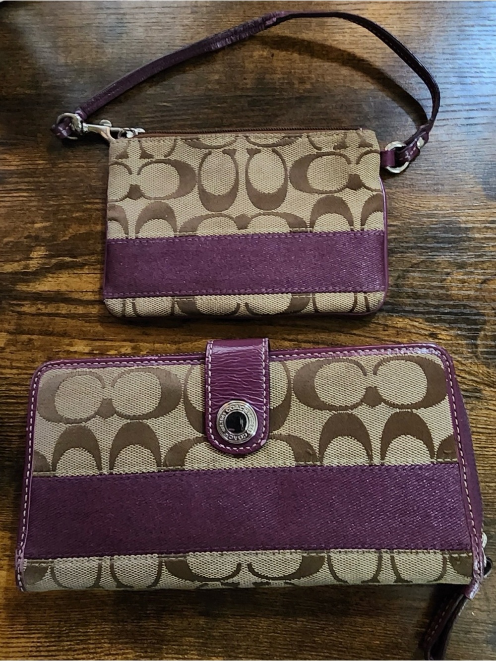 Coach Signature Canvas Wallet and Wristlet in Brown and Purple